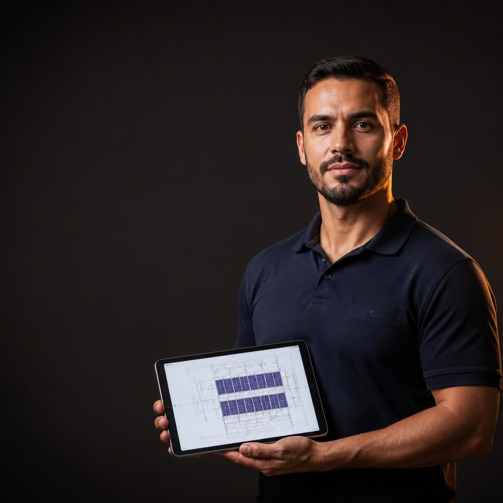 Consultor de energia apresentando um projeto técnico em um tablet